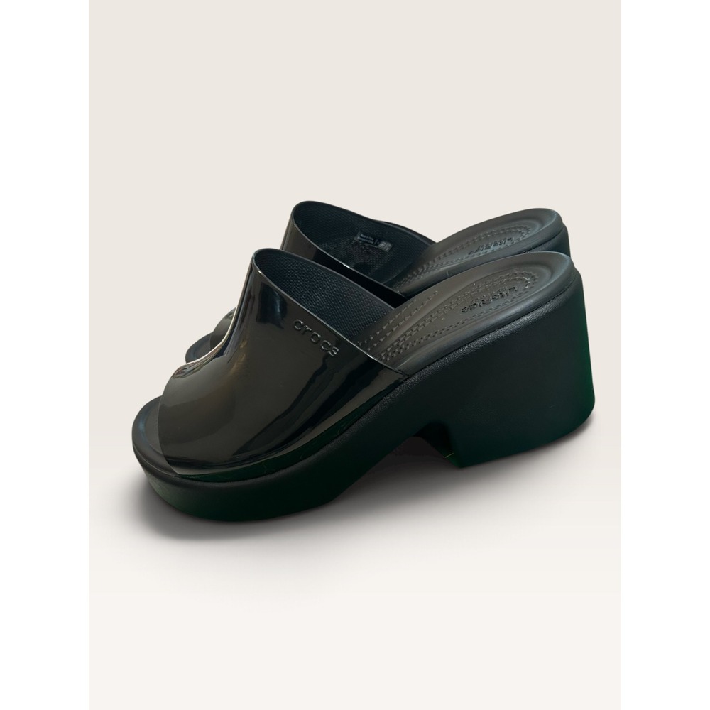 Crocs Brooklyn High Shine Mule Black Platform Wedge Slide Sandals LiteRide